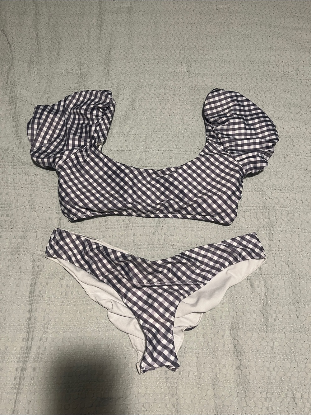 Raisins Navy and White Gingham Puff-Sleeve Bikini